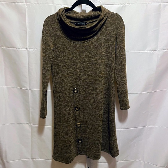 Cozy Cowl Neck Long-Sleeve Tunic Dress by Neesha - Neutral Heather Brown Small - Picture 1 of 4